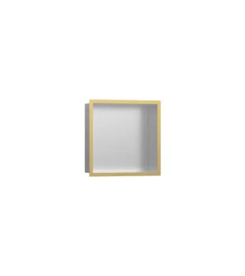 Hansgrohe Wandnische mit einem Designrahmen in goldener Optik. Das Innere der Nische ist klar und hell, für eine elegante Präsentation von Gegenständen.